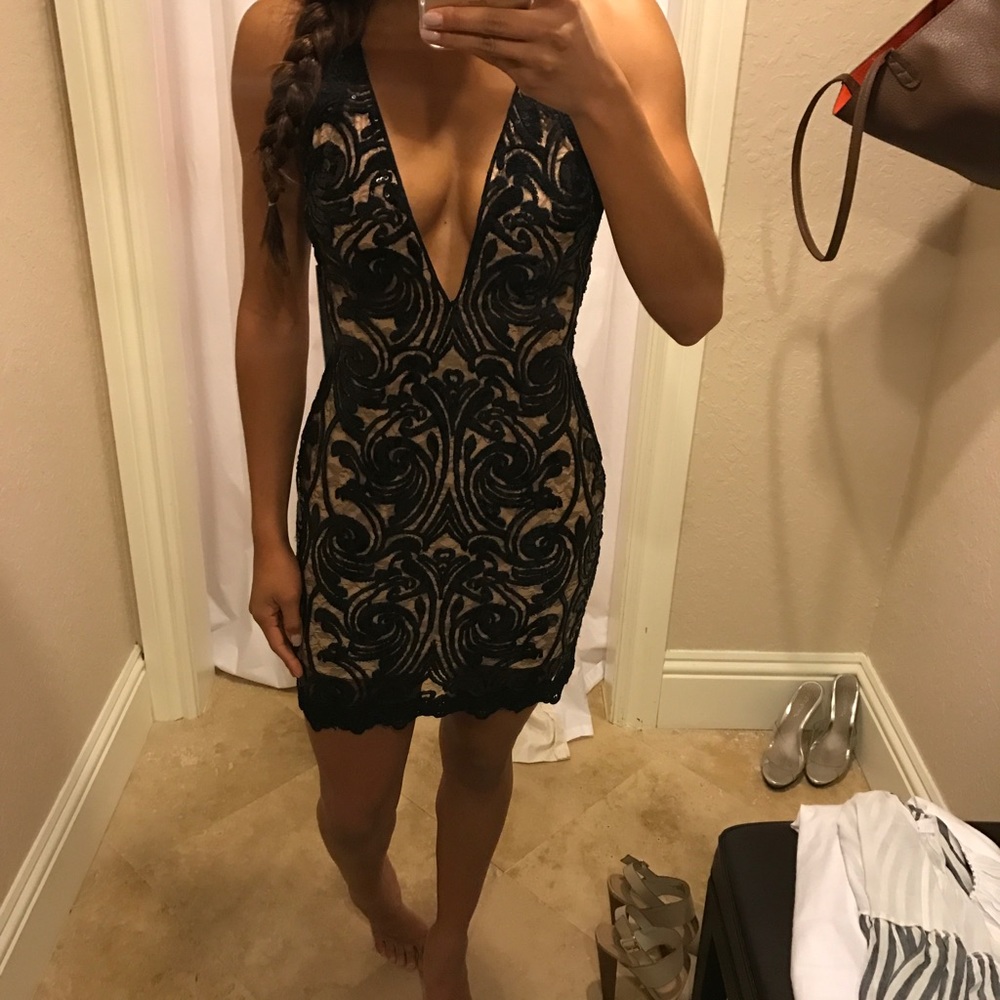 Jovani Black and Nude Lace Cocktail Dress